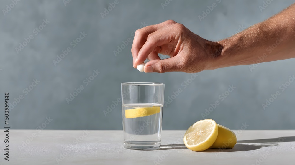 Hand adding lemon to a glass of water on a light background. Hand adding lemon to a glass of water on a light background.