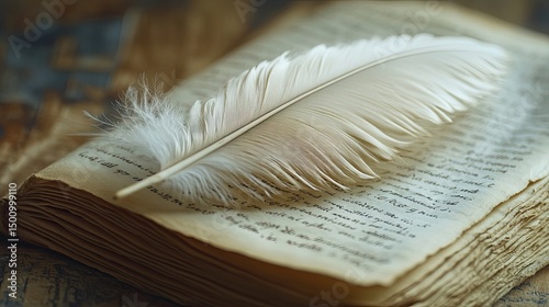 Dry feather between book pages with soft curve nostalgic tone and paper contrast perfect for memory or poetic visuals