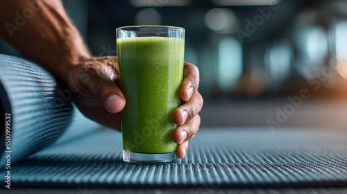 Refreshing green smoothie on a yoga mat in a fitness setting.