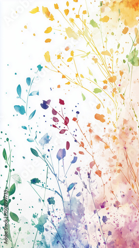 Watercolor painting colorful splashes on a white floral background, flower leaves