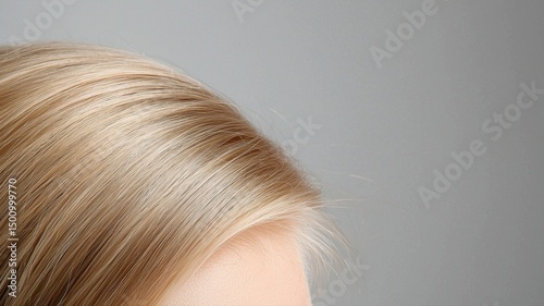 Close-up Detail of Smooth, Shiny Blonde Hair Against Grey Background detail blonde hair golden hair