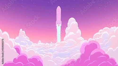Pink rocket launching through pastel clouds at sunset, starry night background; startup concept