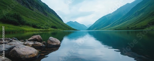 Tranquil lake reflecting mountains nature scenery