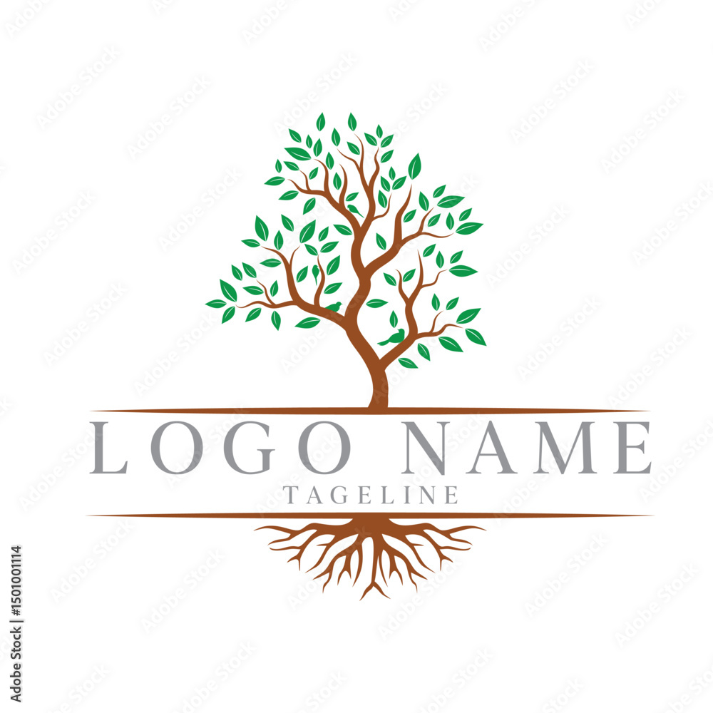 Obraz premium Elegant logo design featuring a leafy tree with visible roots and placeholder text symbolizing growth, nature and stability