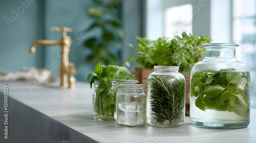 Fresh herbs in glass containers on a kitchen counter with a stylish faucet.