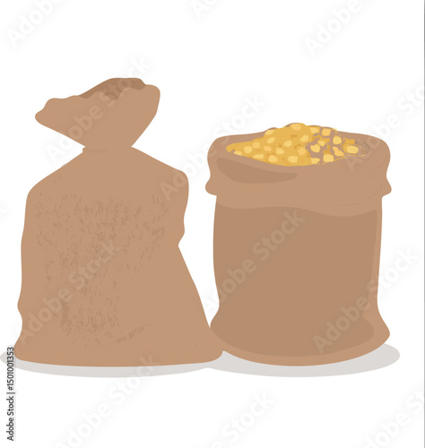 A realistic illustration of two brown burlap sacks on a white background. One sack is tied at the top and closed, appearing full and rounded.