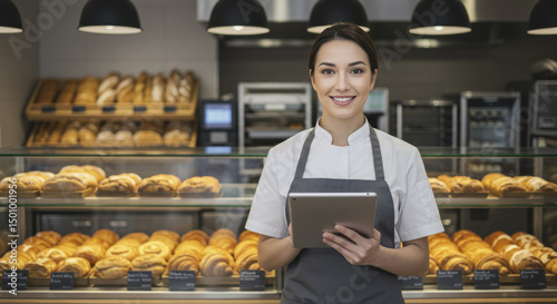Fototapeta Naklejka Na Ścianę i Meble -  Asian Female Holding Tablet Device in Front of Bakery Display