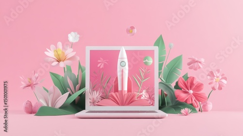 Pink laptop screen, rocket launching, floral background, spring startup