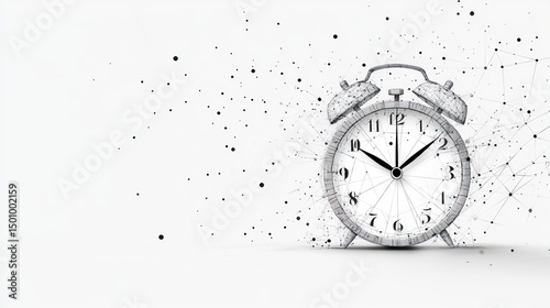 Wireframe alarm clock, white background, network connections, time management concept