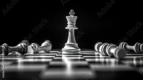 Strategic Dominance: A Lone King Amidst Fallen Chess Piece in Monochrome