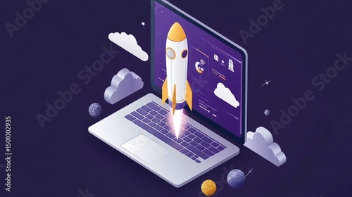 Laptop Rocket Launch Startup Success Space Digital