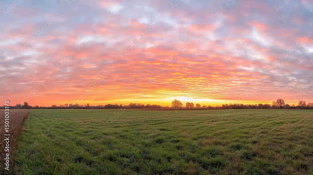 Fototapeta premium Sunrise over field landscape with colorful sky nature scene