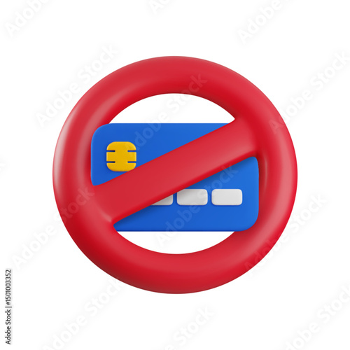 Vector cartoon 3d blocked credit card icon. Realistic 3d render of blue debit card in red circle prohibition sign. Online payment forbidden, no credit card allowed concept, cash only symbol.