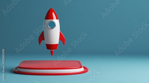 Red rocket launching from platform, blue background, startup concept