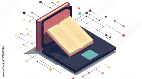 Open book on laptop, digital network background, e-learning concept