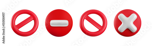 Vector Cartoon 3d Red prohibition sign set. Realistic 3d render of shiny round block icon with diagonal strip, white cross and road stop sign. Ban entry mark, no entry, forbidden symbol for game, app.