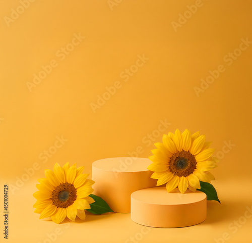 Pastel Peach Podium Display with Sunflowers – Minimalist Summer Studio Scene, Soft Light and Warm Yellow Background for Beauty or Wellness Branding