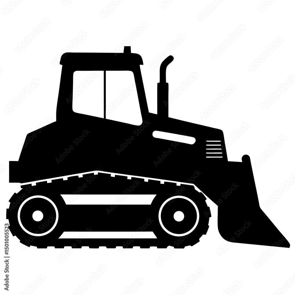 Black Silhouette of a Powerful Bulldozer on White Background