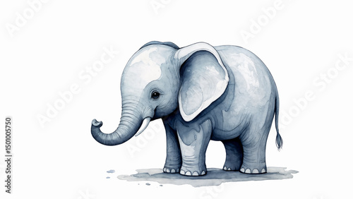 Elephant calf painted in watercolor technique, standing on light background