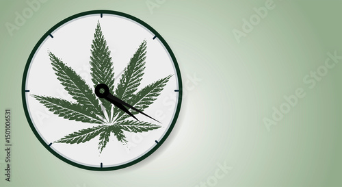 Marijuana leaf, medical cannabis on a classic watch dial with hands showing the time of 4 hours 20 minutes. Cannabis Online. Copy space