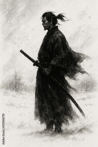 Sumi-e Painting of a Monk in Bamboo Forest Morning Mist