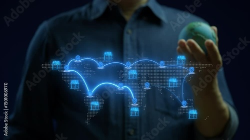 Global franchise business concept, companies that expand internationally by licensing their business model and brand to local entrepreneurs, known as franchisees. Animated franchise icons on world map