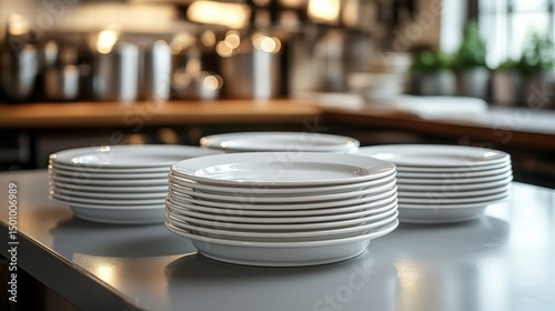 Stacked white plates on a kitchen counter, with blurred background details