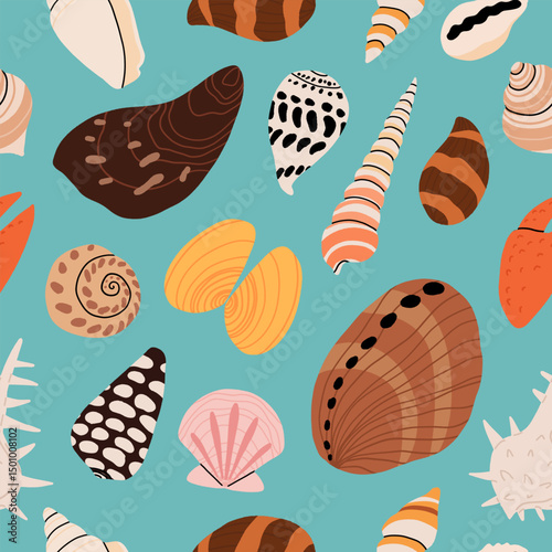 Seamless pattern with sea shells, mollusks, starfish. Tropical beach shells. Summer seamless pattern. Vector illustration in flat modern style