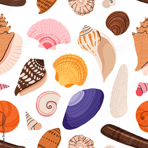 Seamless pattern with sea shells, mollusks, starfish. Tropical beach shells. Summer seamless pattern. Vector illustration in flat modern style