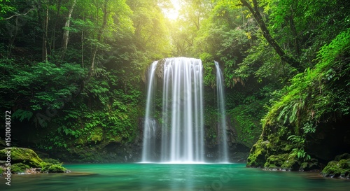 Lush Waterfall in Tropical Rainforest - Serene waterfall cascading down a lush green cliffside into a vibrant turquoise pool. Tranquil nature scene