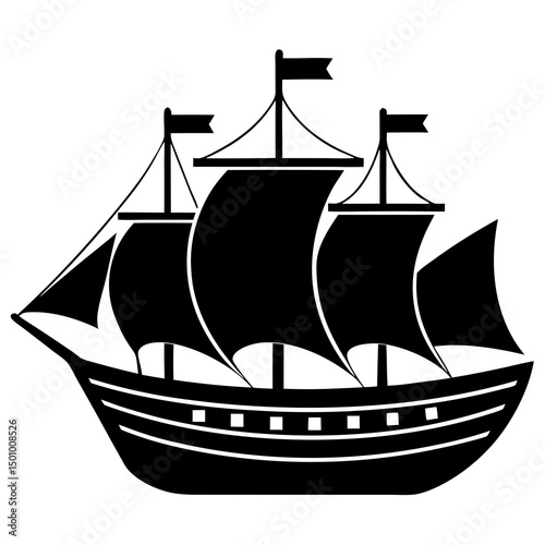 Black and White Silhouette of a Three Masted Sailing Ship