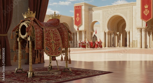 Ornate Royal Saddle Displayed in Grand Palace Courtyard: A Regal Scene photo