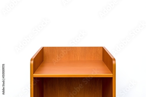 Empty brown wooden podium, an open blank crate for storage, isolated