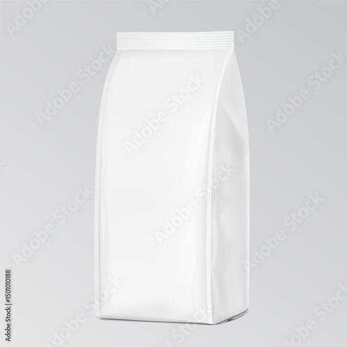 Vertical bag mockup. Flat bottom gusset bag. Half side view. Vector illustration isolated on grey background. Ready for use in presentation, promo, advertising and more. EPS10.