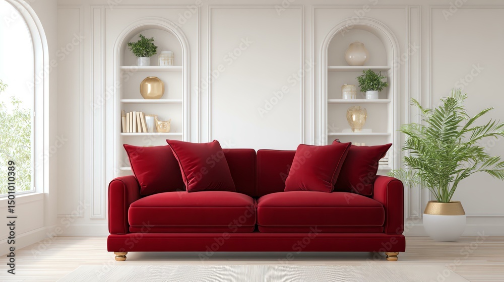 Fototapeta premium Elegant red couch in modern interior design. Red velvet sofa in elegant living room, red velvet sofa with modern white decor, cozy red velvet sofa design inspiration