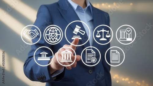 Conceptual Legal Illustration with Business Professional Touchscreen Interaction