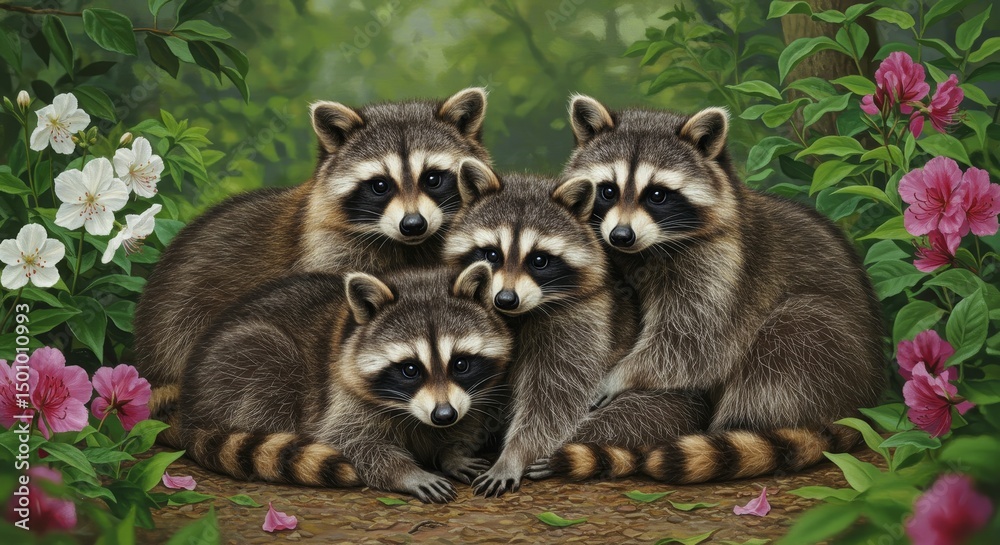 Obraz premium Raccoon Family Huddle in Blossoms - Four raccoons snuggled together amidst blooming flowers. A heartwarming wildlife scene