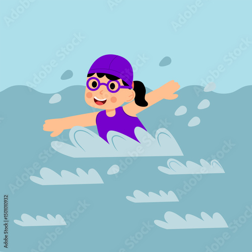 Young girl swimming with goggles and swimsuit vector illustration