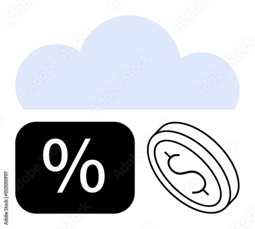 Simplified cloud design with a percentage symbol and a dollar coin. Ideal for finance, cloud computing, saving, investment, economic planning, digital finance, technology solutions. Flat simple