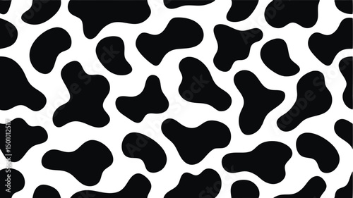 A seamless cowhide pattern consisting of irregular, organic-shaped black spots on a white background.