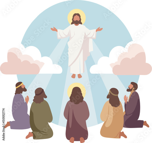 Flat Style Vector of Jesus Christ Ascension with Kneeling Disciples and Heavenly Light – Christian Resurrection Scene for Religious Design Projects