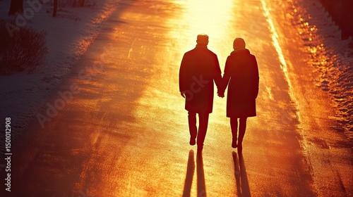Elder couple walking hand-in-hand with long shadows warm tones and love symbolism ideal for family life and connection themes
