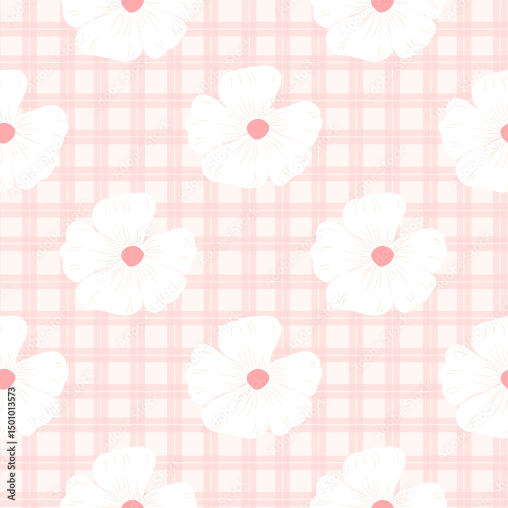 Cute floral pattern with white flowers on a soft pink plaid background. A charming seamless design for baby products, textiles, or scrapbooking.