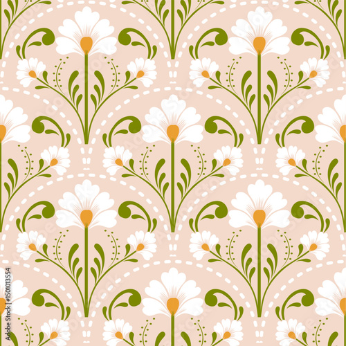 Elegant repeating floral pattern in soft cream and green tones, featuring delicate flower and leaf motifs. Ideal for wrapping paper, stationery, or fabric design.