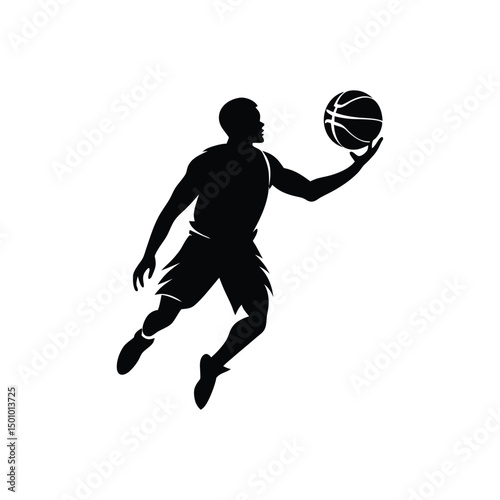 Silhouette of basketball player jumping with ball, Silhouette of basketball player doing slam dunk, isolated on white background