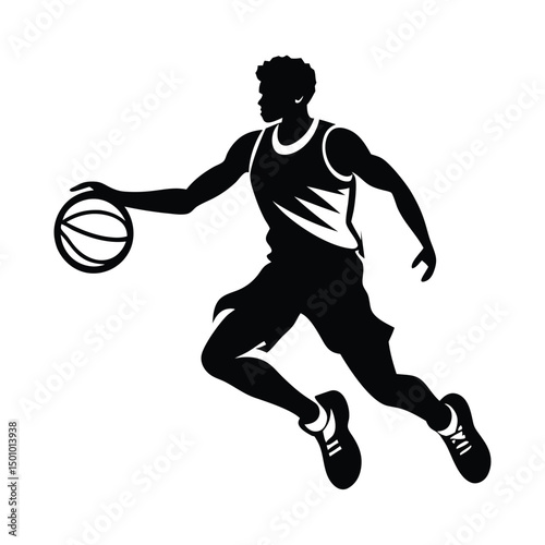 Silhouette of basketball player jumping with ball, Silhouette of basketball player doing slam dunk, isolated on white background
