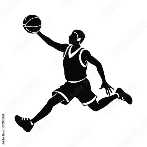 Silhouette of basketball player jumping with ball, Silhouette of basketball player doing slam dunk, isolated on white background
