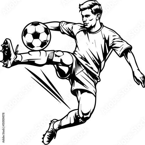 Dynamic black and white illustration of a male soccer player mid-air, executing a powerful kick with motion lines accentuating speed and energy, isolated on a white background.