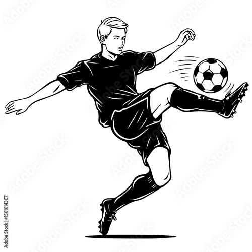 Dynamic black and white illustration of a male soccer player mid-air, executing a powerful kick with motion lines accentuating speed and energy, isolated on a white background.
