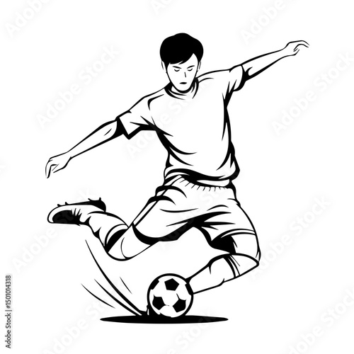 Dynamic black and white illustration of a male soccer player mid-air, executing a powerful kick with motion lines accentuating speed and energy, isolated on a white background.